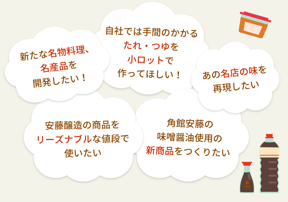 新たな名物料理、名産品を開発したい！　自社では手間のかかるたれ・つゆを小ロットで作ってほしい！　あの名店の味を再現したい　安藤醸造の商品をリーズナブルな値段で使いたい　角館安藤の味噌醤油使用の新商品をつくりたい 